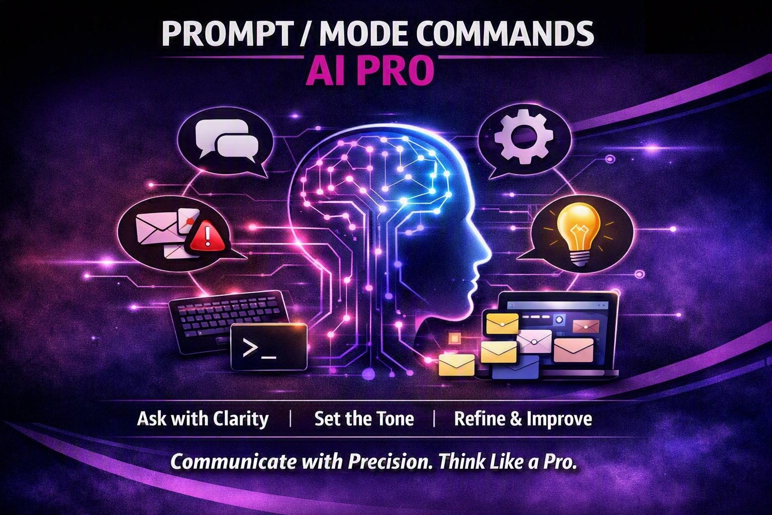 Illustration of AI prompt mode commands with a keyboard showing mode shortcuts